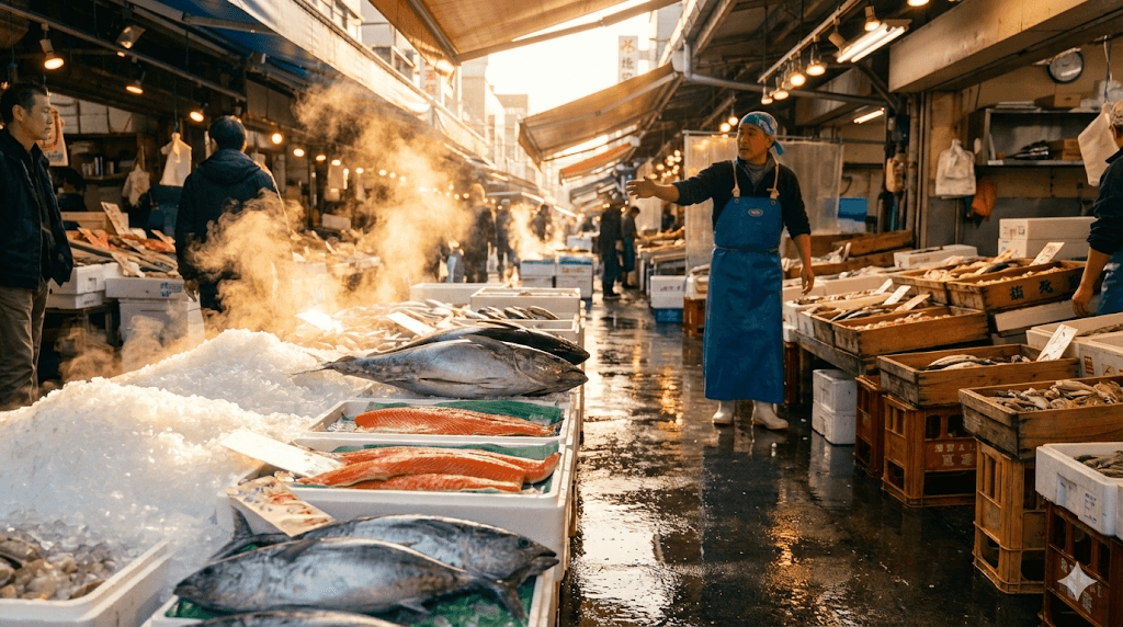 Marché aux poissons avec produits frais