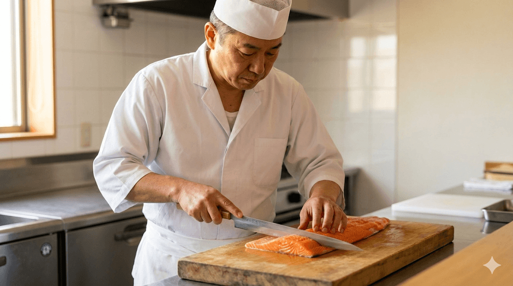 Chef découpant le saumon avec précision