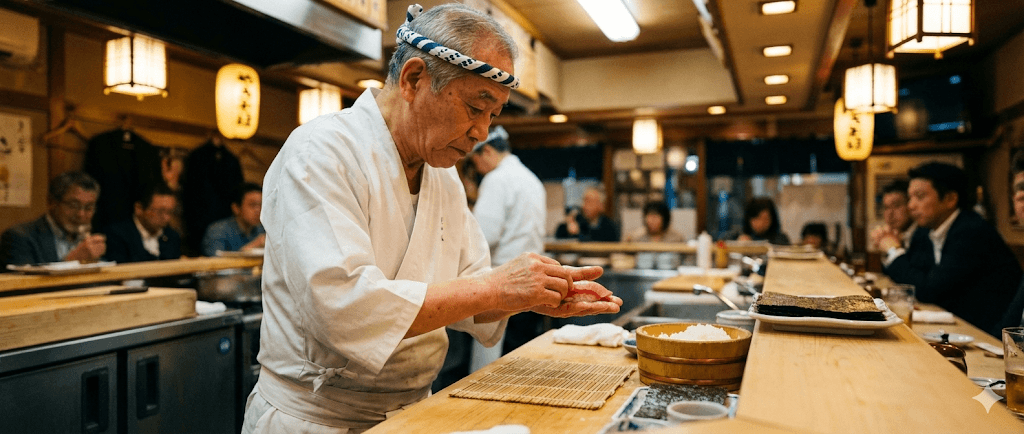 Itamae préparant des sushis derrière le comptoir