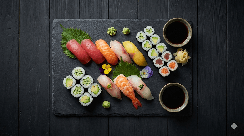 Plateau de sushis élégamment présenté