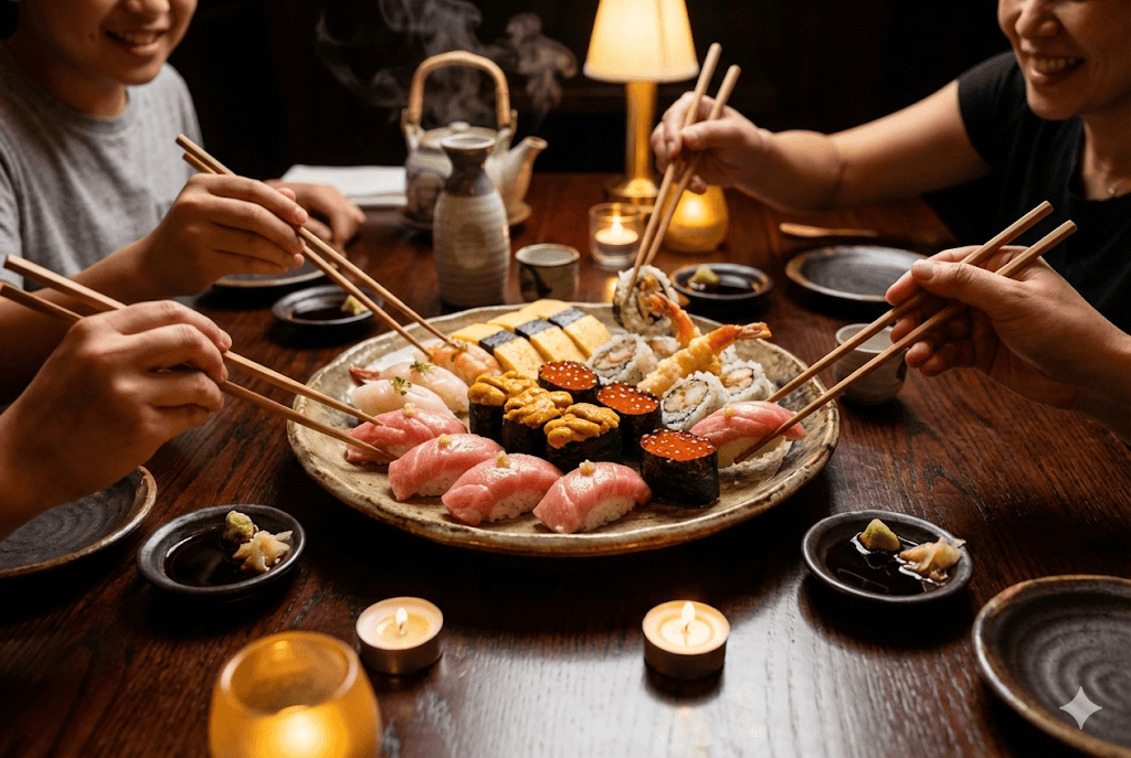 Clients dégustant des sushis avec baguettes
